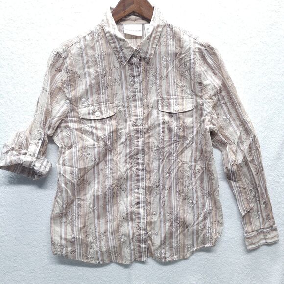 Alfred Dunner Tops - Alfred Dunner Blouse Womens 14 Button-Up Striped Floral Embroidered Western Boho
